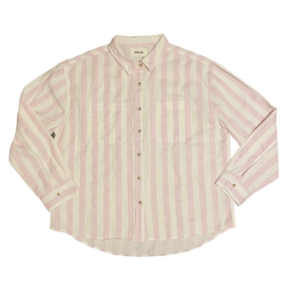 Rolla's Slouch Stripe Long Sleeve Button Front Shirt in Heather Pink NWT Size 10 - Picture 1 of 6